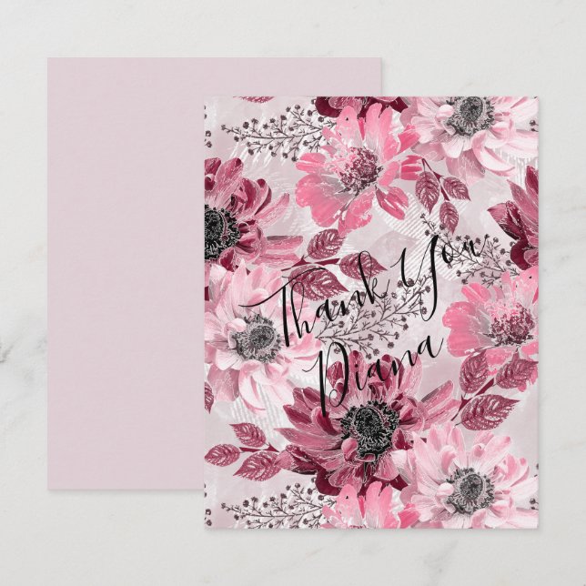 Carte De Remerciements Fleurs roses, bordeaux. (Devant / Derrière)