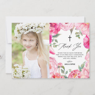 Carte De Remerciements Fleurs roses Cadre Floral Première Communion Saint