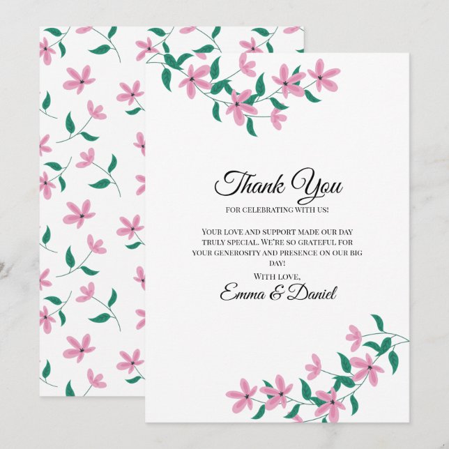 Carte De Remerciements Fleurs roses élégantes (Devant / Derrière)