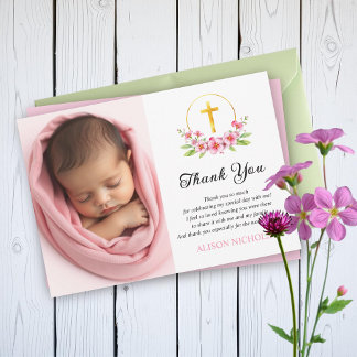 Carte De Remerciements Fleurs roses et Croix d'or fille baptême photo
