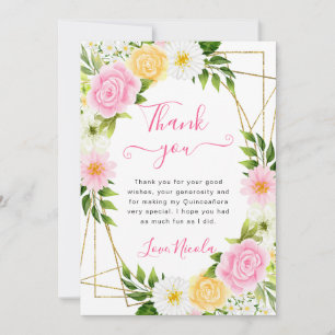 Carte De Remerciements Fleurs roses et jaunes Cadre doré Quinceanera