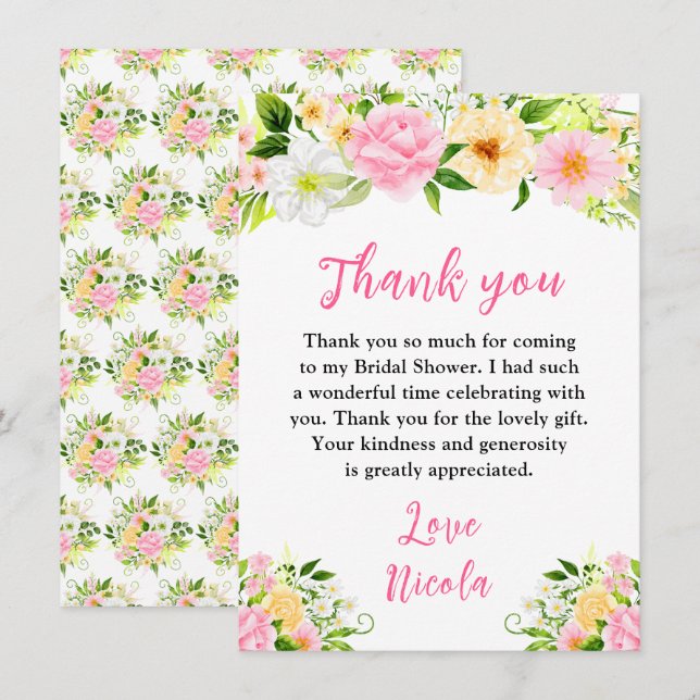 Carte De Remerciements Fleurs roses et jaunes d'été pour une baby shower  (Devant / Derrière)