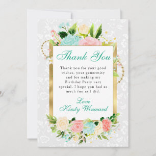 Carte De Remerciements Fleurs roses et menthe Anniversaire or