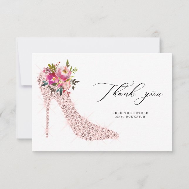 Carte De Remerciements Fleurs roses et talons hauts Script Shower de mari (Devant)