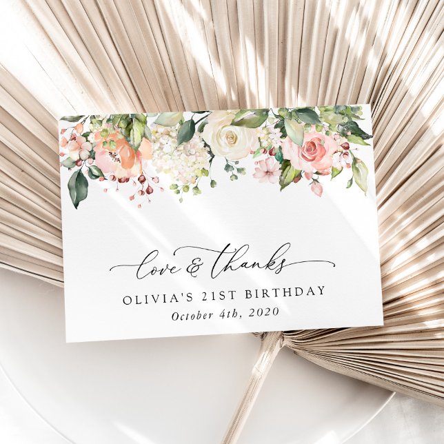 Carte De Remerciements Fleurs roses, Fleurs blanches, Boho, Anniversaire (Créateur téléchargé)