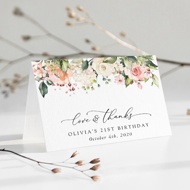 Carte De Remerciements Fleurs roses, Fleurs blanches, Boho, Anniversaire (Créateur téléchargé)