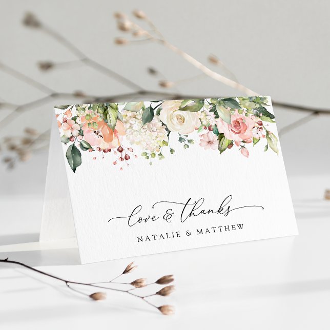 Carte De Remerciements Fleurs roses, Fleurs blanches, Verdure, Mariage (Créateur téléchargé)