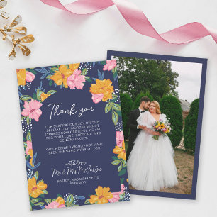 Carte De Remerciements Fleurs roses jaunes luxuriantes Photo de mariage b