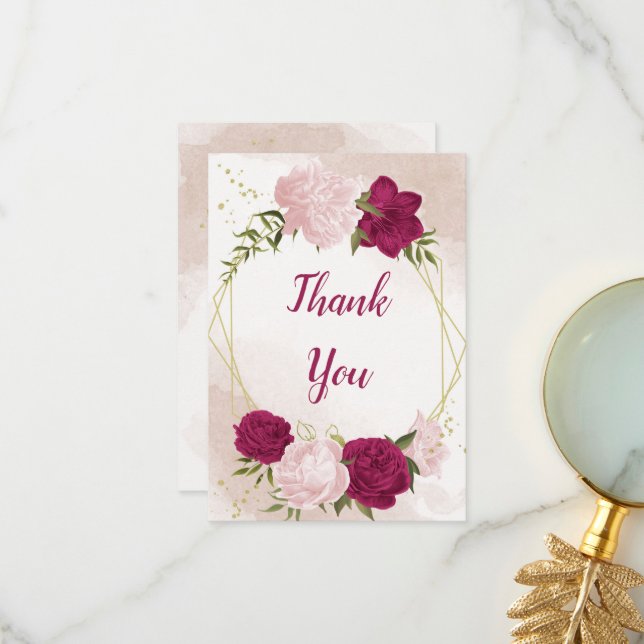 Carte De Remerciements fleurs roses magenta feuilles vertes mariage (Devant/Arrière en situation)