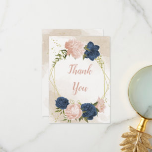 Carte De Remerciements fleurs roses marine feuilles vertes mariage