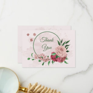 Carte De Remerciements fleurs roses vert feuille mariage botanique