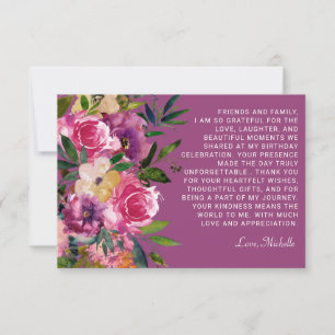 Carte De Remerciements Fleurs roses violettes Anniversaire femme