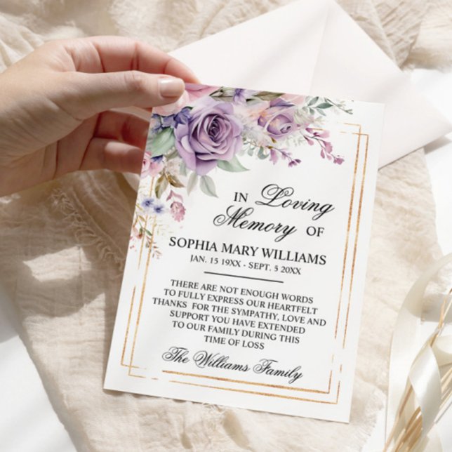 Carte De Remerciements Fleurs Roses violettes et bleues Mémoire de Sympat (Créateur téléchargé)