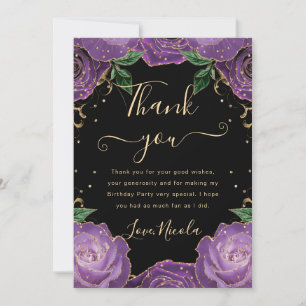 Carte De Remerciements Fleurs Roses Violettes et Dorées Anniversaire