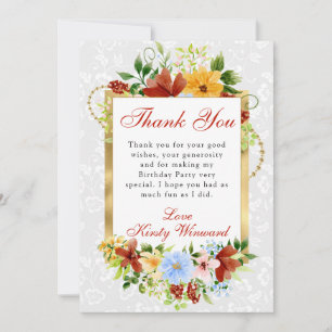 Carte De Remerciements Fleurs rouges, bleues et jaunes Anniversaire or