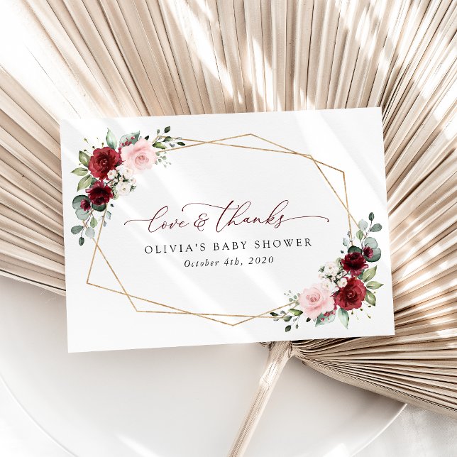 Carte De Remerciements Fleurs Rouges Bourgogne, Fleurs Roses, Baby shower (Créateur téléchargé)