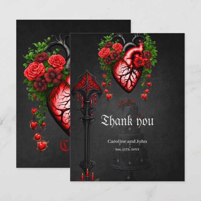Carte De Remerciements Fleurs rouges du coeur gothique (Devant / Derrière)