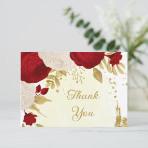 Carte De Remerciements fleurs rouges et blanches or mariage botanique