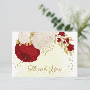 Carte De Remerciements fleurs rouges et blanches or mariage botanique