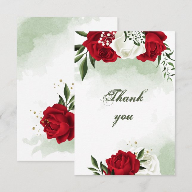 Carte De Remerciements fleurs rouges et blanches verdure (Devant / Derrière)