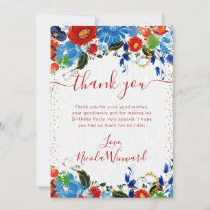 Carte De Remerciements Fleurs rouges et bleues d'anniversaire à l'aquarel