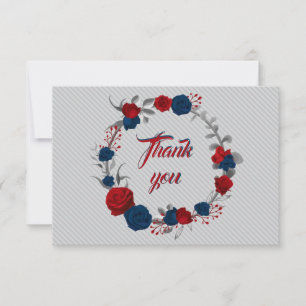 Carte De Remerciements fleurs rouges et bleues marine, couronne de feuill