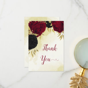 Carte De Remerciements fleurs rouges noires or feuille mariage
