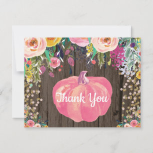 Carte De Remerciements Fleurs rustiques automne citrouille rose or paille