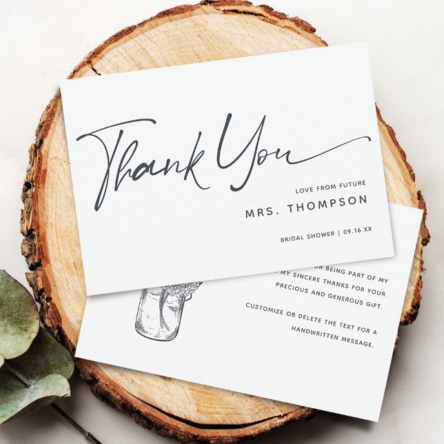 Carte De Remerciements Fleurs rustiques Minimal Moderne Écriture Mariage (Rustic Flowers Minimal Modern Script Bridal Shower Thank You Card)