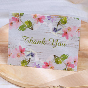Carte De Remerciements Fleurs rustiques roses sur bois blanc