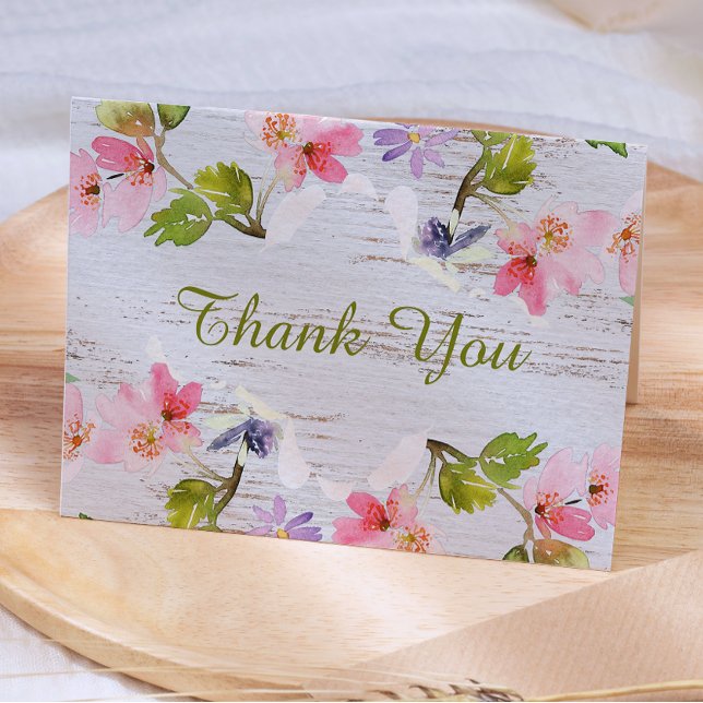 Carte De Remerciements Fleurs rustiques roses sur bois blanc (Créateur téléchargé)