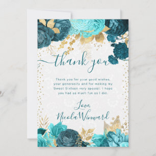 Carte De Remerciements Fleurs sarcelle et or aquarelle Sweet 16