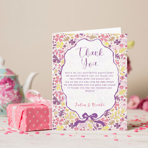 Carte De Remerciements Fleurs sauvages à nœud rose violet Baby Shower