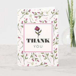 Carte De Remerciements Fleurs sauvages à tige longue roses et vertes Merc