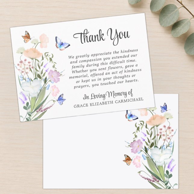 Carte De Remerciements Fleurs sauvages aquarelle funéraire papillon Remer (Créateur téléchargé)