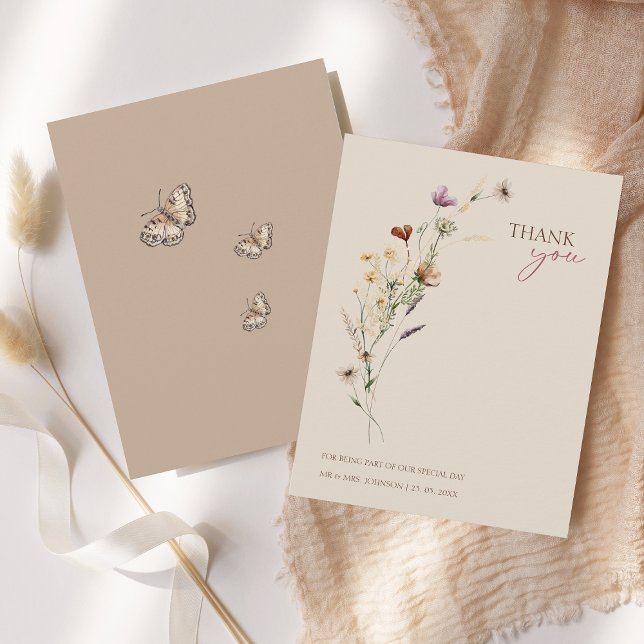 Carte De Remerciements Fleurs sauvages Brown rustiques et Mariage de papi (Rustic Brown Wildflowers and Butterflies Wedding Thank You Card)