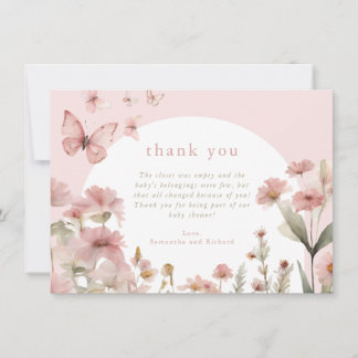 Carte De Remerciements Fleurs sauvages floraux rose papillon