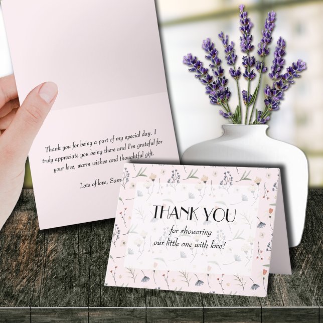 Carte De Remerciements Fleurs sauvages sur le Baby shower de fille rose (Wildflowers on Pink Girl Baby Shower Folded Thank You Cards (leave inside blank to handwrite notes))