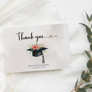 Carte De Remerciements Fleurs simples de casquette de diplômé pour une re