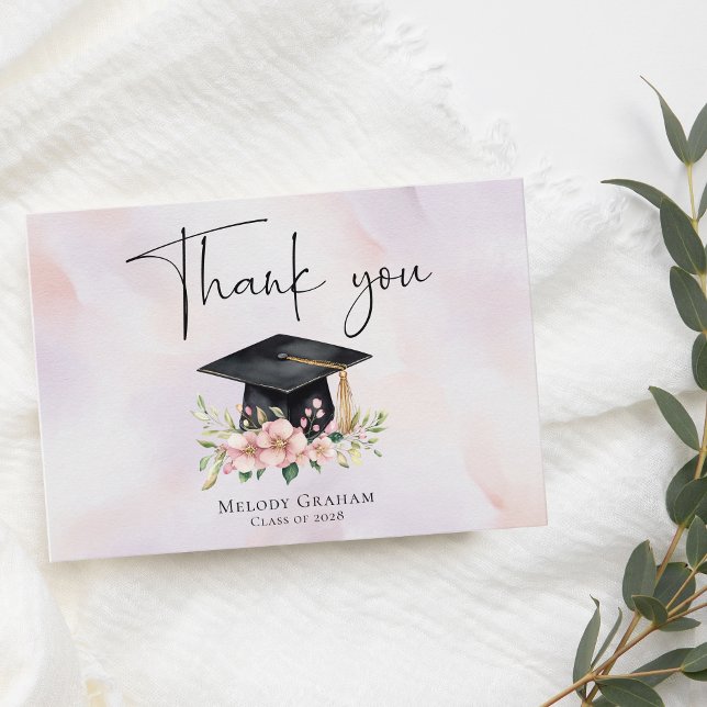 Carte De Remerciements Fleurs simples de pastel de capuchon de diplômé de (Créateur téléchargé)
