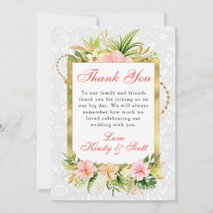 Carte De Remerciements Fleurs tropicales roses en feuille d'or pour maria