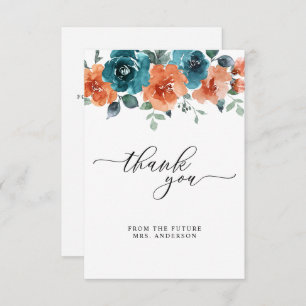 Carte De Remerciements Fleurs Turquoises  brûlées Fête des mariées d'aqua