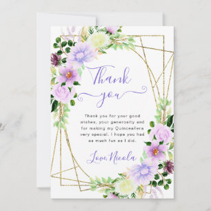 Carte De Remerciements Fleurs violettes à l'aquarelle Cadre doré Quincean