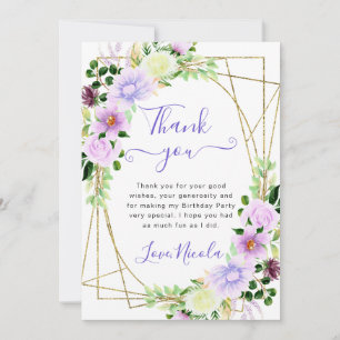 Carte De Remerciements Fleurs violettes aquarelle cadre doré anniversaire