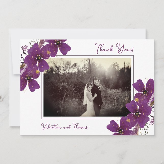 Carte De Remerciements Fleurs violettes chic photo Mariage (Devant)