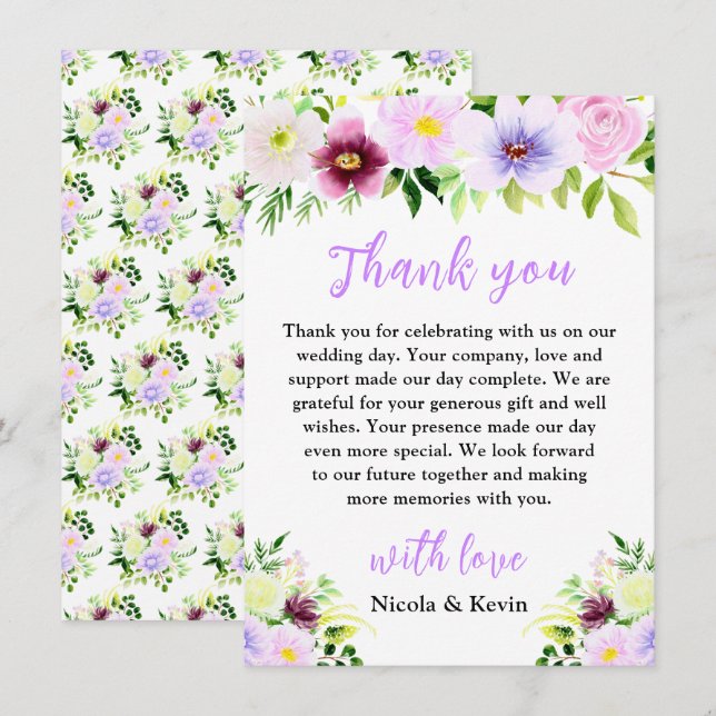 Carte De Remerciements Fleurs violettes de printemps avec feuillage (Devant / Derrière)