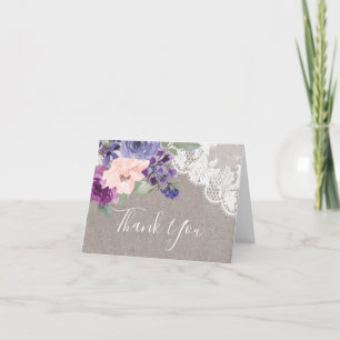 Carte De Remerciements Fleurs violettes et Mariage plié dentelle