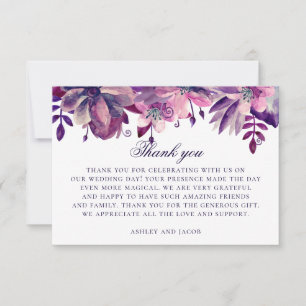 Carte De Remerciements Fleurs violettes et roses à l'aquarelle. Mariage f