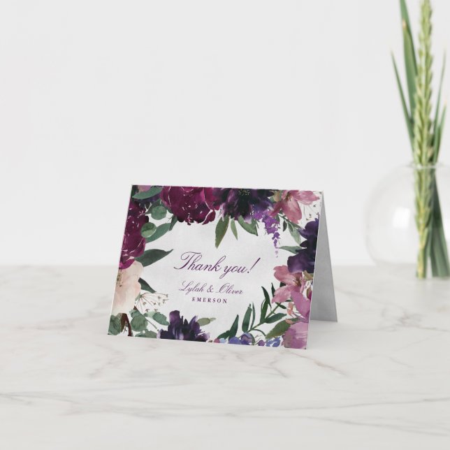 Carte De Remerciements Fleurs violettes luxuriantes | Mariage romantique (Devant)