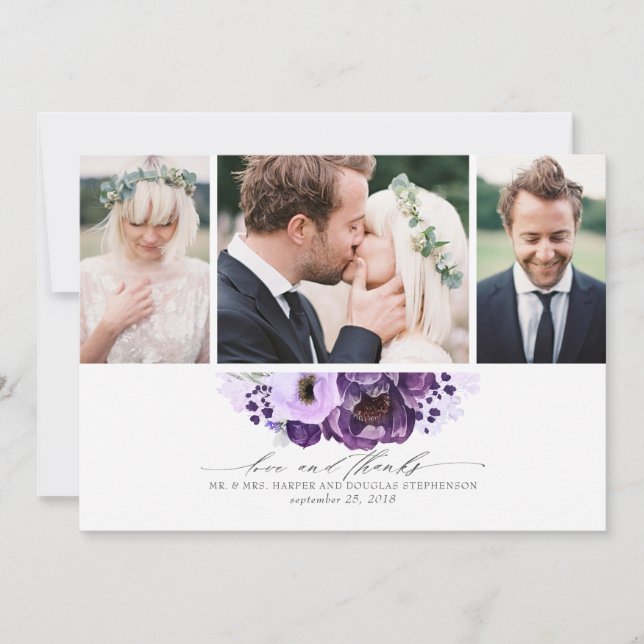 Carte De Remerciements Fleurs violettes Mariage 3 Photos (Devant)